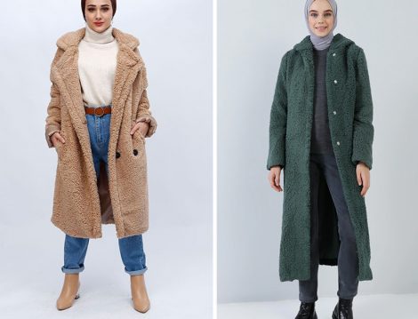 Tesettür Gezegeni Camel Peluş Ceket - Benin Orman Yeşili Gizli Çıtçıtlı Kapüşonlu Peluş Kaban