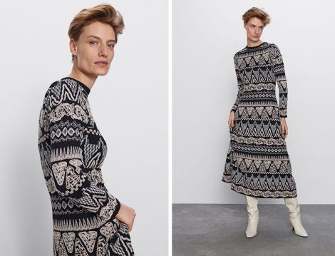 Zara Siyah Ekru Limited Edition İşlemeli Triko Elbise