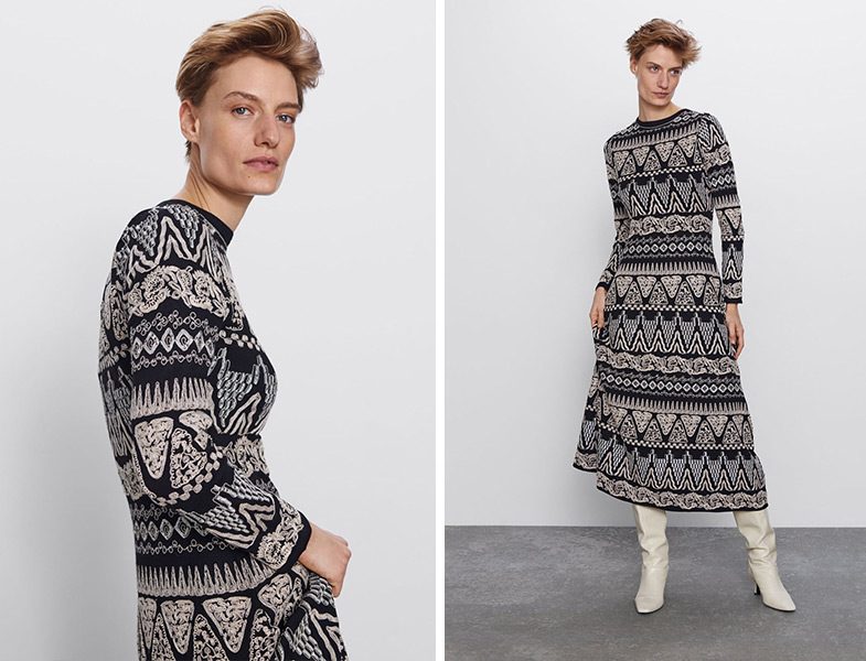 Zara Siyah Ekru Limited Edition İşlemeli Triko Elbise