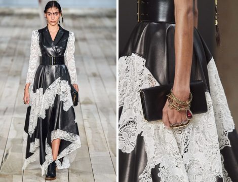 Alexander McQueen Siyah Deri Beyaz Dantel Detaylı Elbise
