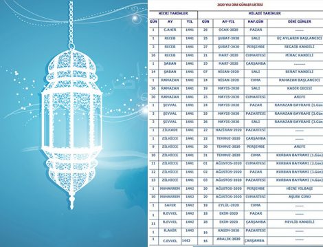 2020 Yılı Dini Günler ve Bayramlar Takvimi
