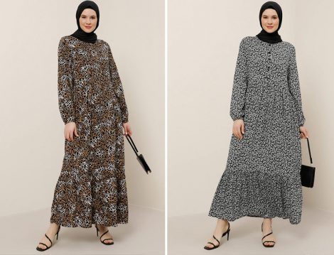 Alia Leopar Doğal Kumaşlı Bisiklet Yaka Elbise - Alia Siyah Beyaz Doğal Kumaşlı Şal Desenli Elbise