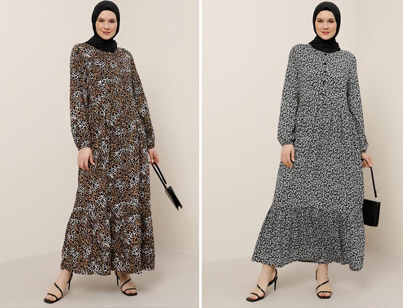 Alia Leopar Doğal Kumaşlı Bisiklet Yaka Elbise - Alia Siyah Beyaz Doğal Kumaşlı Şal Desenli Elbise
