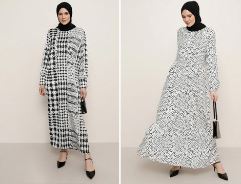 Alia Siyah Beyaz Kazayağı Desenli Elbise - Alia Siyah Beyaz Çiçek Desenli Elbise