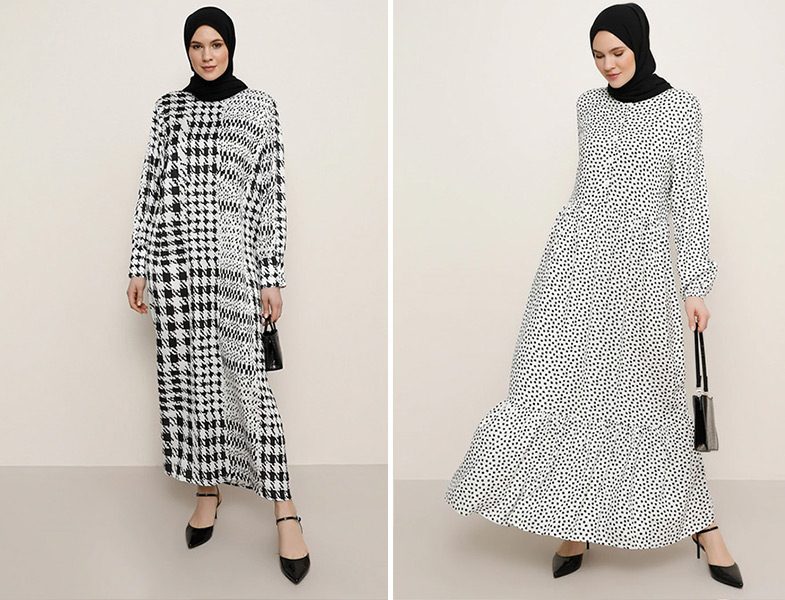Alia Siyah Beyaz Kazayağı Desenli Elbise - Alia Siyah Beyaz Çiçek Desenli Elbise