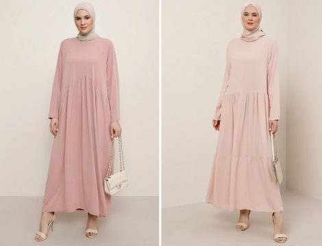 Alia Somon Pileli Elbise - Alia Pudra Doğal Kumaşlı Bisiklet Yaka Elbise