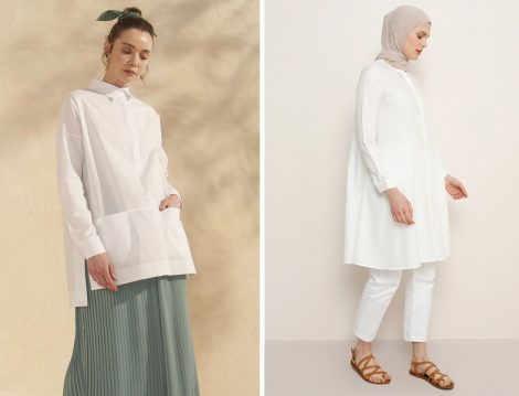 HE-QA Beyaz Kısa Tunik - Benin Beyaz Boydan Düğmeli Tunik