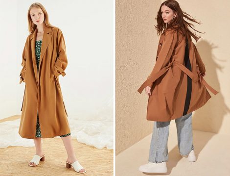 Mudo Tütün Kuşaklı Kol Detaylı İnce Trençkot - TRENDYOLMİLLA Camel Arkadan Şerit Detaylı Kemerli Uzun Trençkot