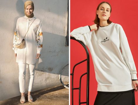 Refka Beyaz Nakış Detaylı Gizli Düğmeli Tunik - Koton Ekru Bisiklet Yaka Yazılı Baskılı Uzun Kollu Sweatshirt