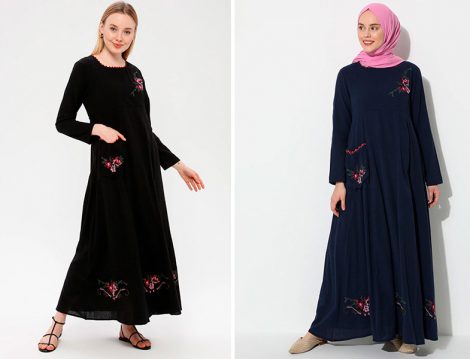 Elis Şile Bezi Siyah ve Lacivert Nakışlı Elbise