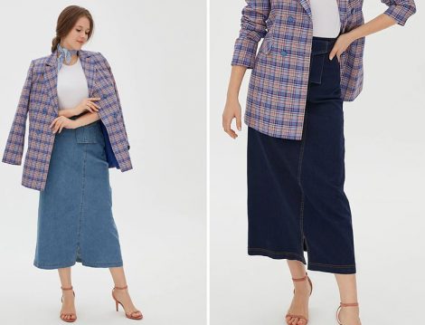 Kayra Kemer ve Cep Detaylı Yırtmaçlı Denim Etek