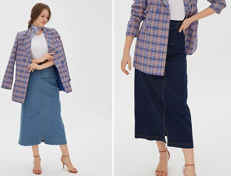 Kayra Kemer ve Cep Detaylı Yırtmaçlı Denim Etek