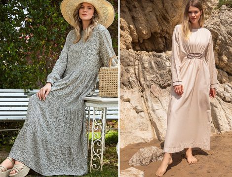 Alia Haki Doğal Kumaşlı Çiçekli Elbise - Alia Kum Beji Doğal Kumaşlı Beli Büzgülü Elbise