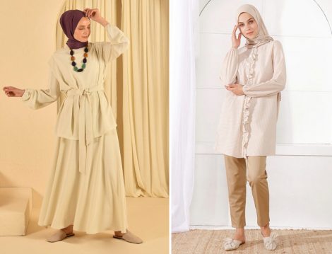 HE-QA Taş Krep Takım - İnşirah Tunik Pantolon Bej İkili Takım