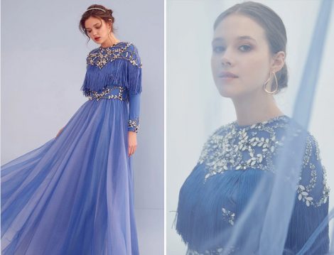 Kayra Tiara Taş İşlemeli Püskül Detaylı Uzun Abiye