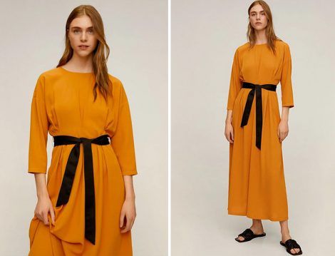 Mango Hardal Rengi Fiyonklu Midi Boy Elbise