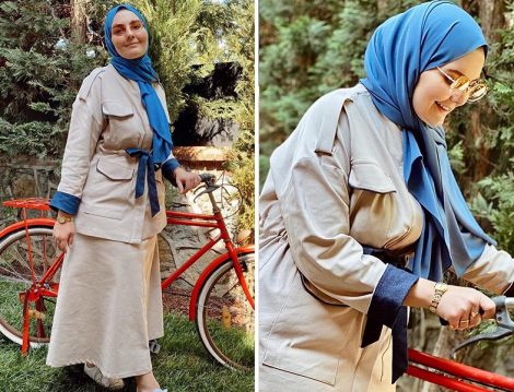 Merve Dağlı Bej Takım ve Mozaik Mavi Şal Kombini