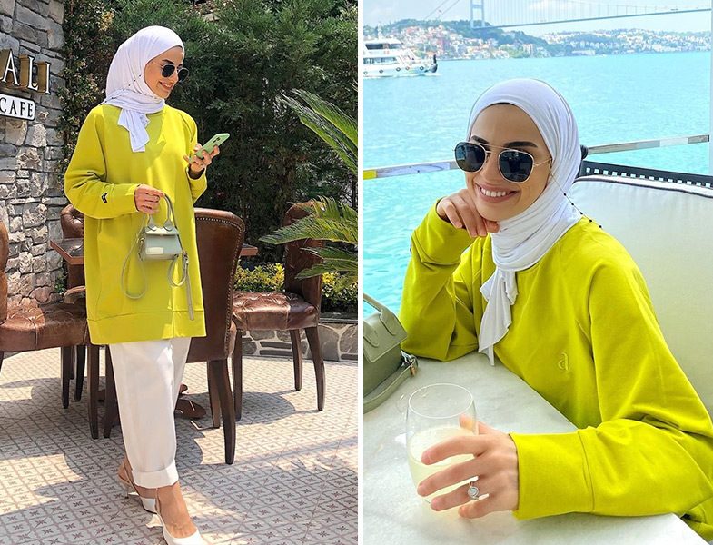Mine Karakoç: Aybike Tekstil Safran Sweatshirt -Beyaz Pantolon