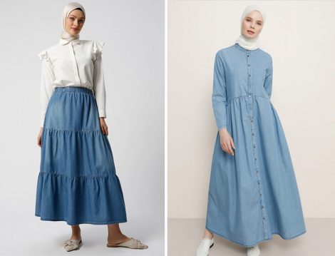 Refka Mavi Doğal Kumaşlı Beli Lastikli Kot Etek - Benin Mavi Boydan Düğmeli Kot Elbise