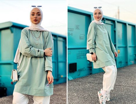 Sevda Gök Aybikestil Mint Basic Sweat ve Beyaz Slouchy Pantolon