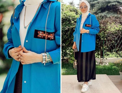 Siyah Etek, Mozaik Mavi Spor Ceket, Beyaz Tişört, Beyaz Şal ve Beyaz Sneaker Kombini