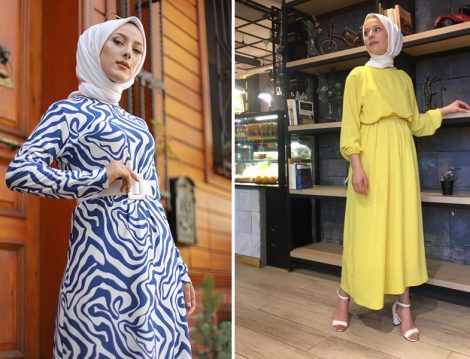  Tofisa Saks Tesettür Elbise - Rasedesign Sarı Uzun Elbise