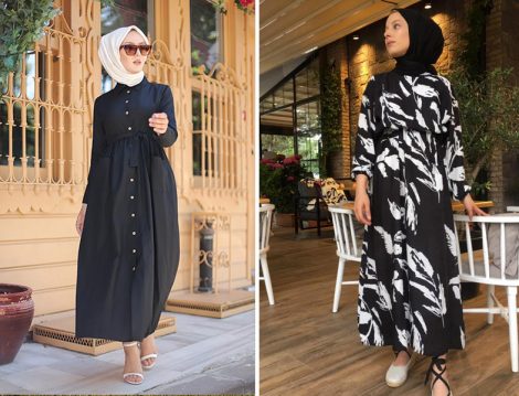 Tofisa Siyah Tesettür Cepli Elbise - Rasedesign Siyah Beyaz Elbise