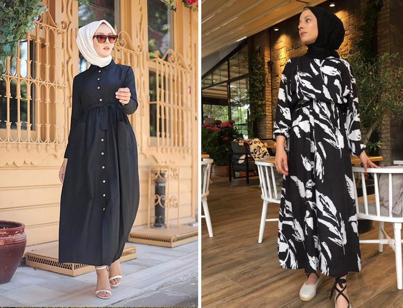 Tofisa Siyah Tesettür Cepli Elbise - Rasedesign Siyah Beyaz Elbise