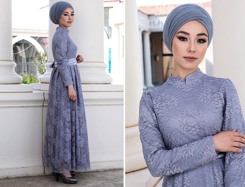 Gamze Özkul Gri Rana Dantel Detaylı Abiye