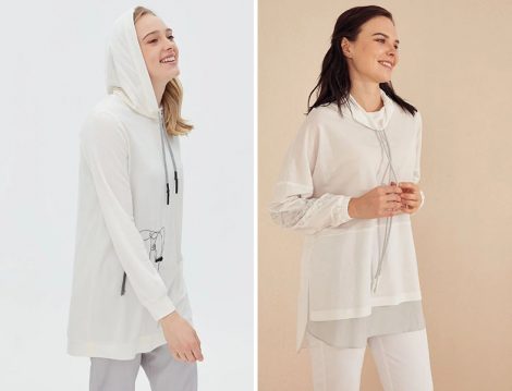 Kayra Ekru Fil Motifli Kapüşonlu Sweatshirt ve Bağcıklı Sweatshirt