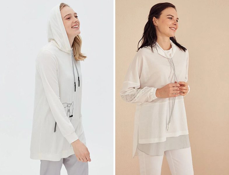 Kayra Ekru Fil Motifli Kapüşonlu Sweatshirt ve Bağcıklı Sweatshirt