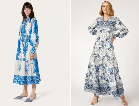 Valentino Elbise - Bigdart Kol Büzgülü Robalı Desenli Keten Elbise
