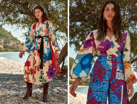 LC Waikiki & Oopscool Ekru Baskılı Çiçek Desenli Kemerli Kimono ve Kruvaze Yaka Bluz