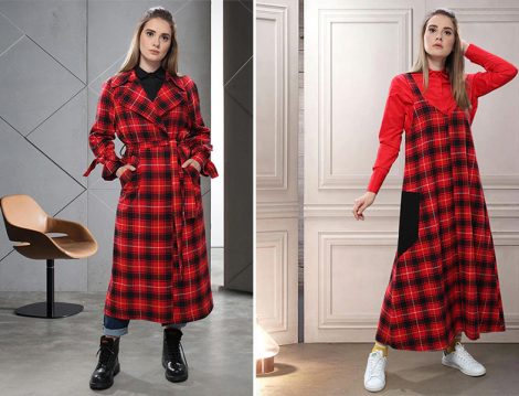 SAHRA AFRA Kırmızı Ekose Trençkot ve Elbise