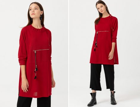SCL Bordo Fermuar Detaylı Örme Tunik