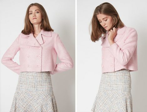 Remila Pembe Buklet Kumaştan Kruvaze Crop Ceket