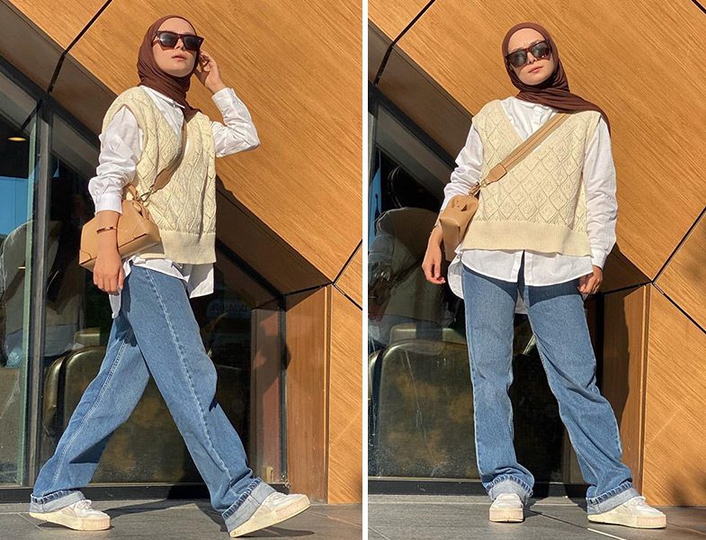 Stradivarius Süveter - Beyaz Gömlek- Kot Pantolon Kombini (Şüheda Türkoğlu)