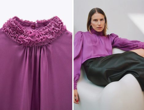 Zara Mor Küçük Fırfırlı Dökümlü Bluz ve Deri Etek