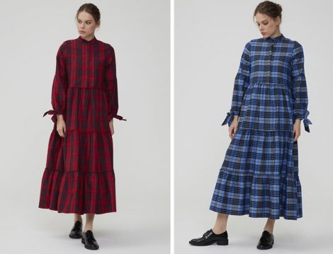 Normcore Kırmızı Kolu Bağlamalı Kaşmir Ekose Elbise