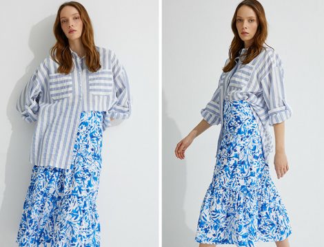 Koton Skirtly Yours Styled by Melis Ağazat Mavi Çizgili Gömlek ve Çiçekli Etek