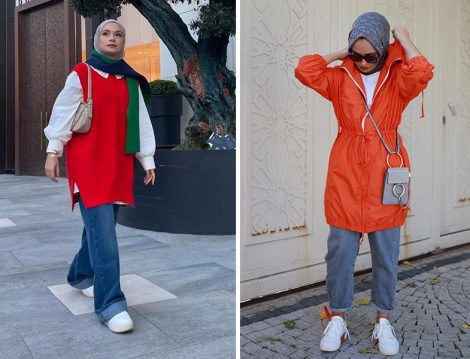Kırmızı ve Denim Tesettür Kombinler