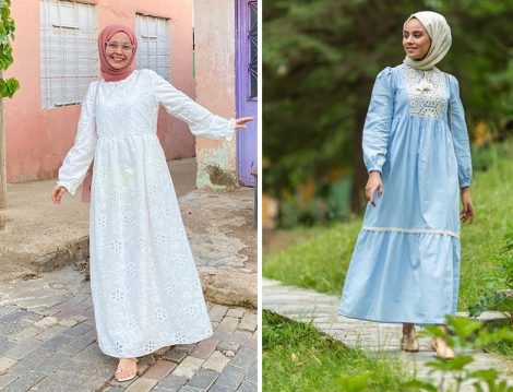Refka Beyaz Doğal Kumaşlı Nakış Detaylı Astarlı Elbise (Harmandalı Ahsen) - Benin Açık Mavi Doğal Kumaşlı Dantelli Elbise