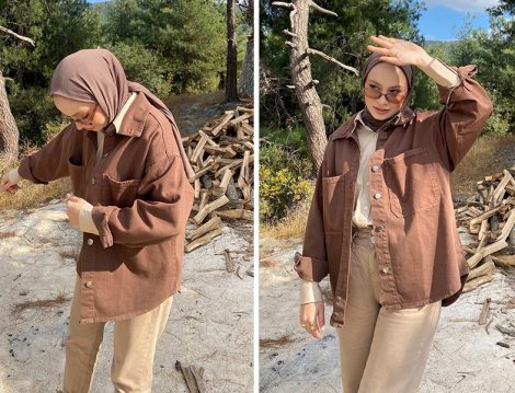 Huemve Kahverengi Çift Cepli Gabardin Ceket - Şeyda Ateştepe