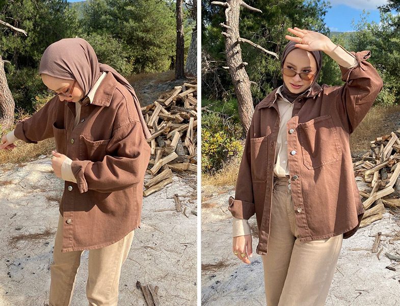 Huemve Kahverengi Çift Cepli Gabardin Ceket - Şeyda Ateştepe