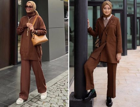 Kahverengi Triko ve Blazer Ceketli Takımlarla Tesettür Kombinler (Betül Gedik - Aybükenur Demirci Özkul)