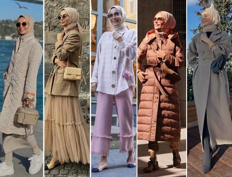 Betül Gedik Bej-Kahve-Pembe-Gri Renk ve Ekose Desenlerle Ton Sür Ton Tesettür Kombinleri