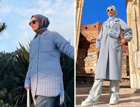 Beyza Turna ve Betül Gedik Jean - Mavi Renk Ton Sür Ton Tesettür Kombinler