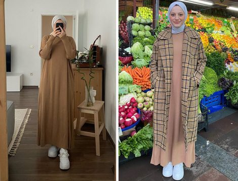 Normcore Camel Triko Elbise - Ekose Kaban Kombini - Elif Değirmenci