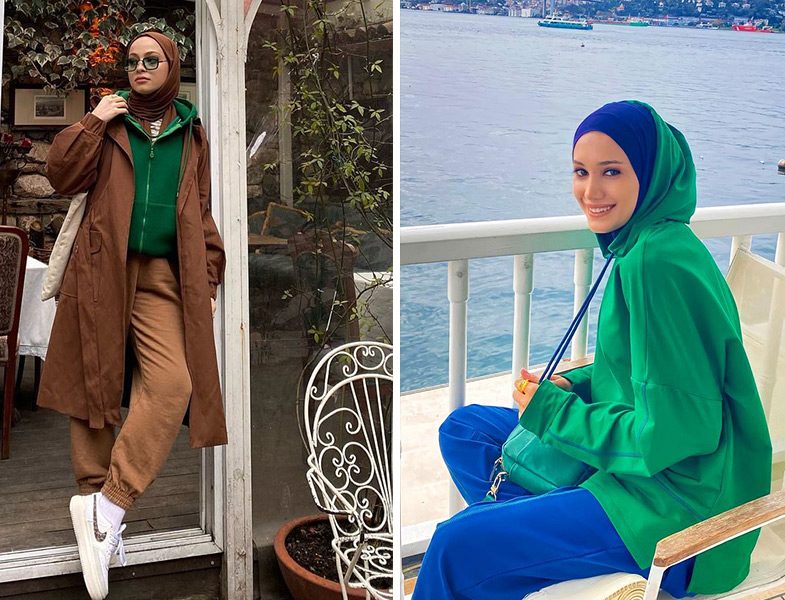 Yeşil Sweat & Kahve Trençkot (Şeyda Ateştepe) - Yeşil Sweat & Mavi Şal ve Pantolon (F. Büşra Nur)