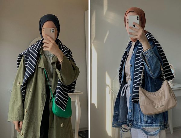 Defacto Yeşil Trençkot - Çizgili Sweat Kombin ve H&M Denim Ceket (Merve Kocaman Günay)